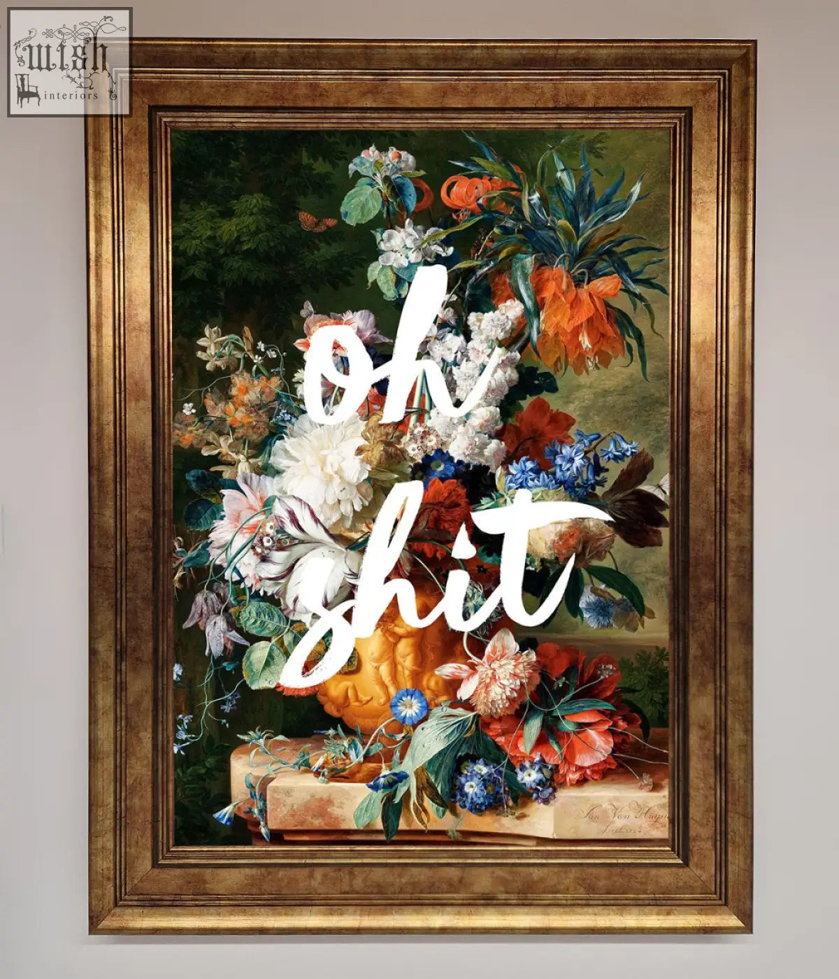 A floral still life with colorful flowers over a pumpkin in a gold-toned frame on a quote framed poster