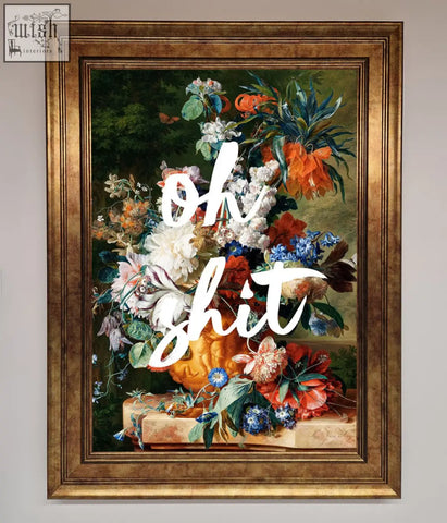 A floral still life with colorful flowers over a pumpkin in a gold-toned frame on a quote framed poster