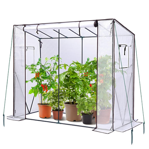 Clear ohuhu tomato greenhouse with black metal frame, green guy lines, and zippered door housing potted plants