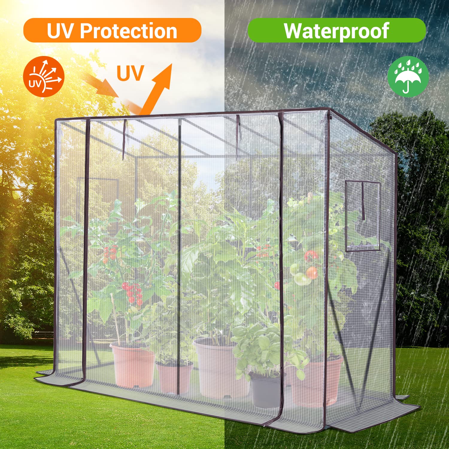 Transparent ohuhu tomato greenhouse with black frame mesh cover and roll-up zippered door for portable green house use