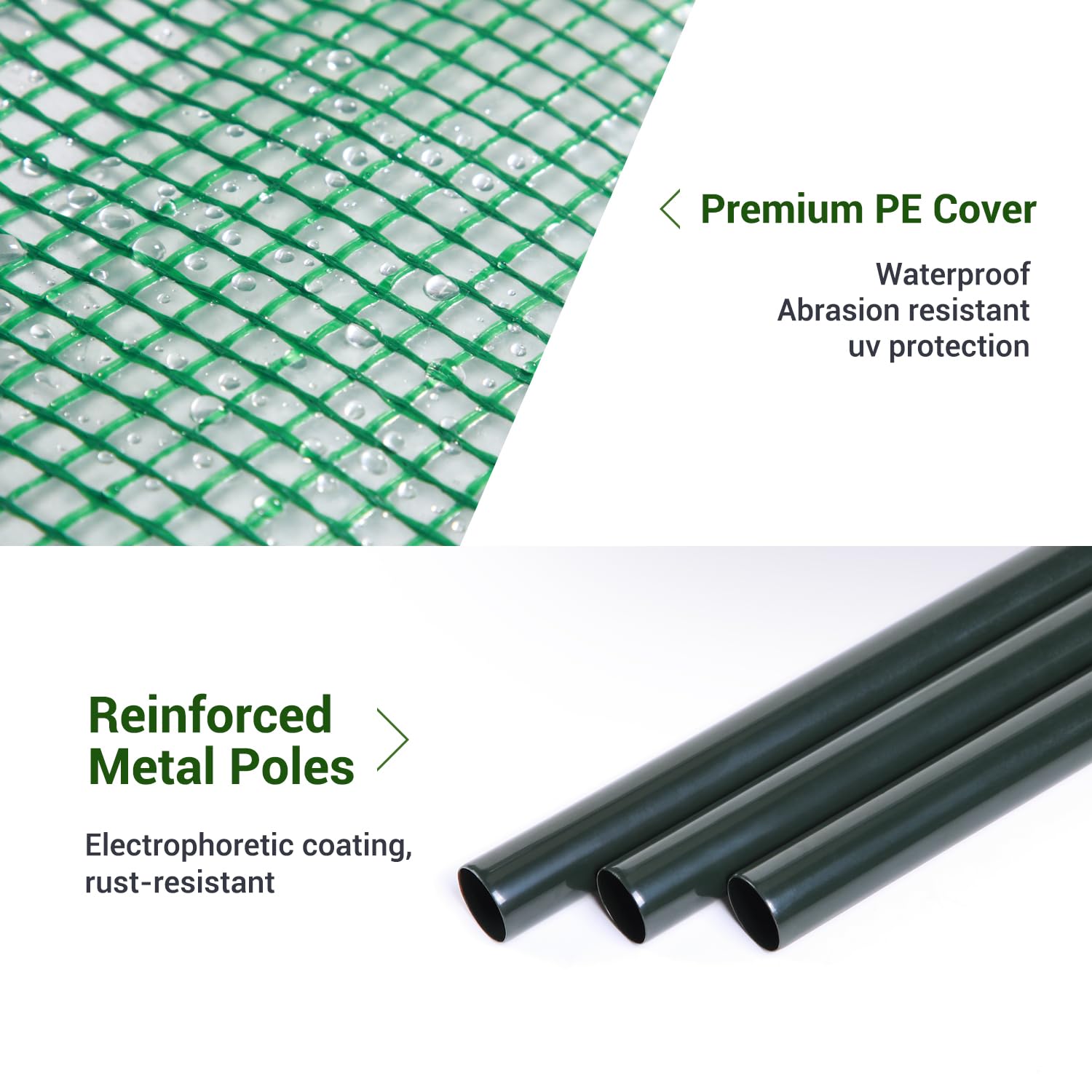 Green mesh with water droplets and black metal poles on ohuhu tomato greenhouse with roll-up zippered door outdoors