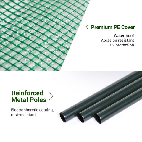 Green mesh with water droplets and black metal poles on ohuhu tomato greenhouse with roll-up zippered door outdoors