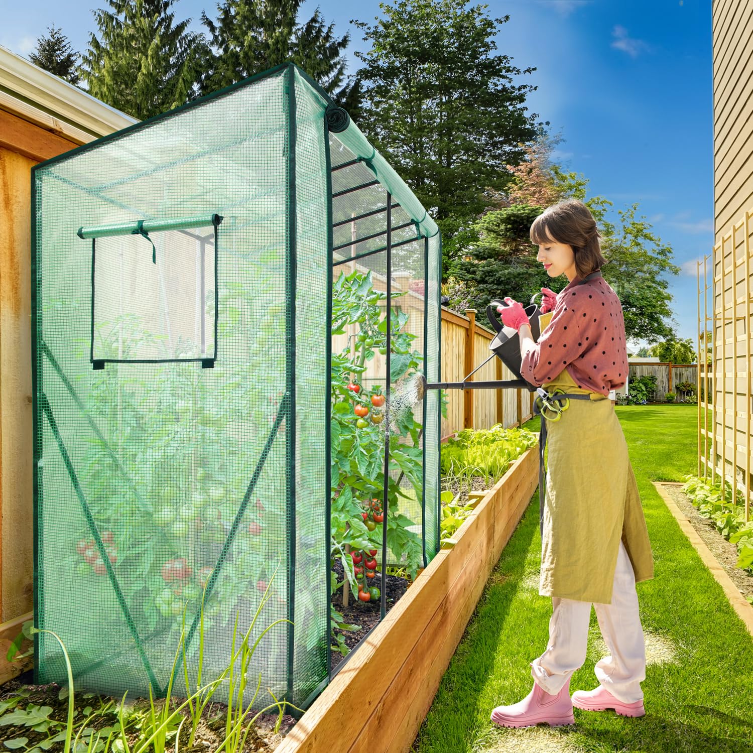 Green mesh tomato greenhouse with black metal frame and zippered door for outdoors by ohuhu