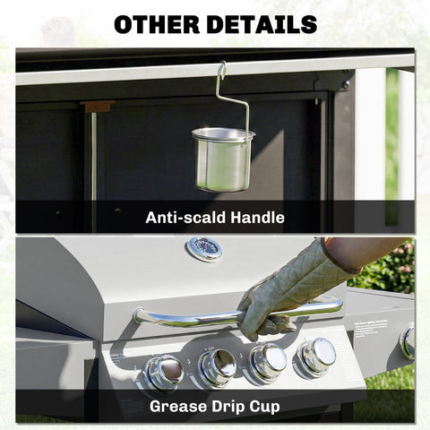 Outsunny 4+1 Burner Gas BBQ Grill with Side Burner, 50000 BTU Steel Portable Gas Barbecue Grill with Built-in Thermometer, Lid