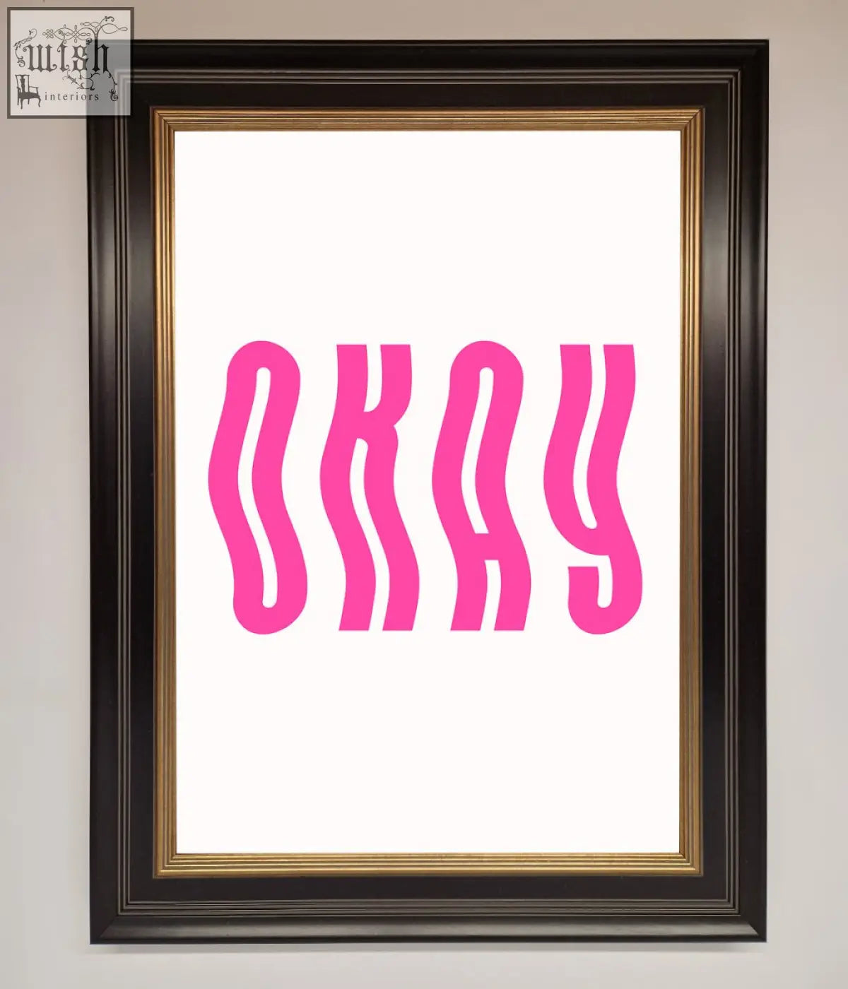 A framed poster with bold wavy pink lettering spelling okay on a white background perfect for casual decor