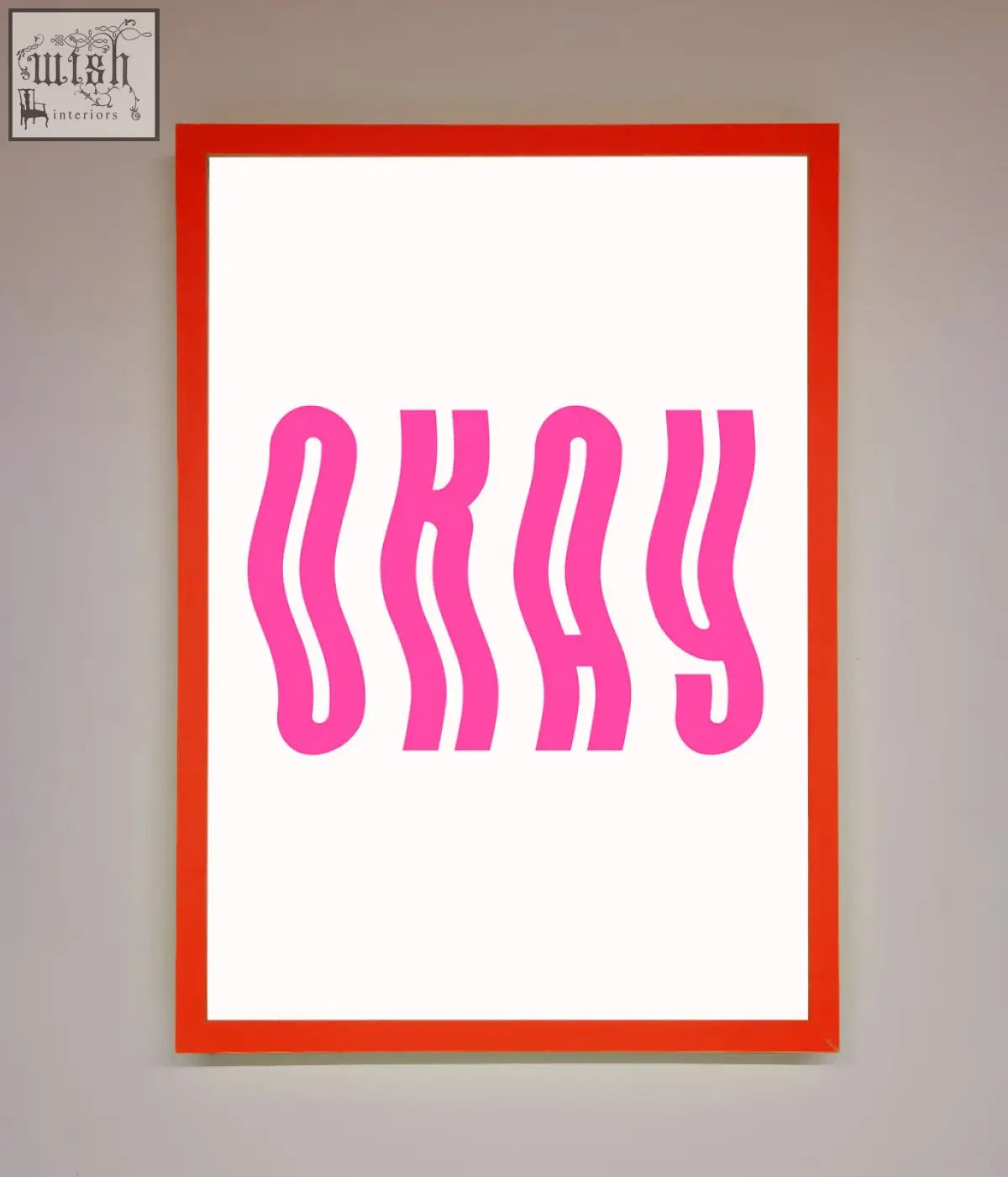 A vibrant red-framed poster with bold wavy pink okay lettering on white background perfect framed poster decor
