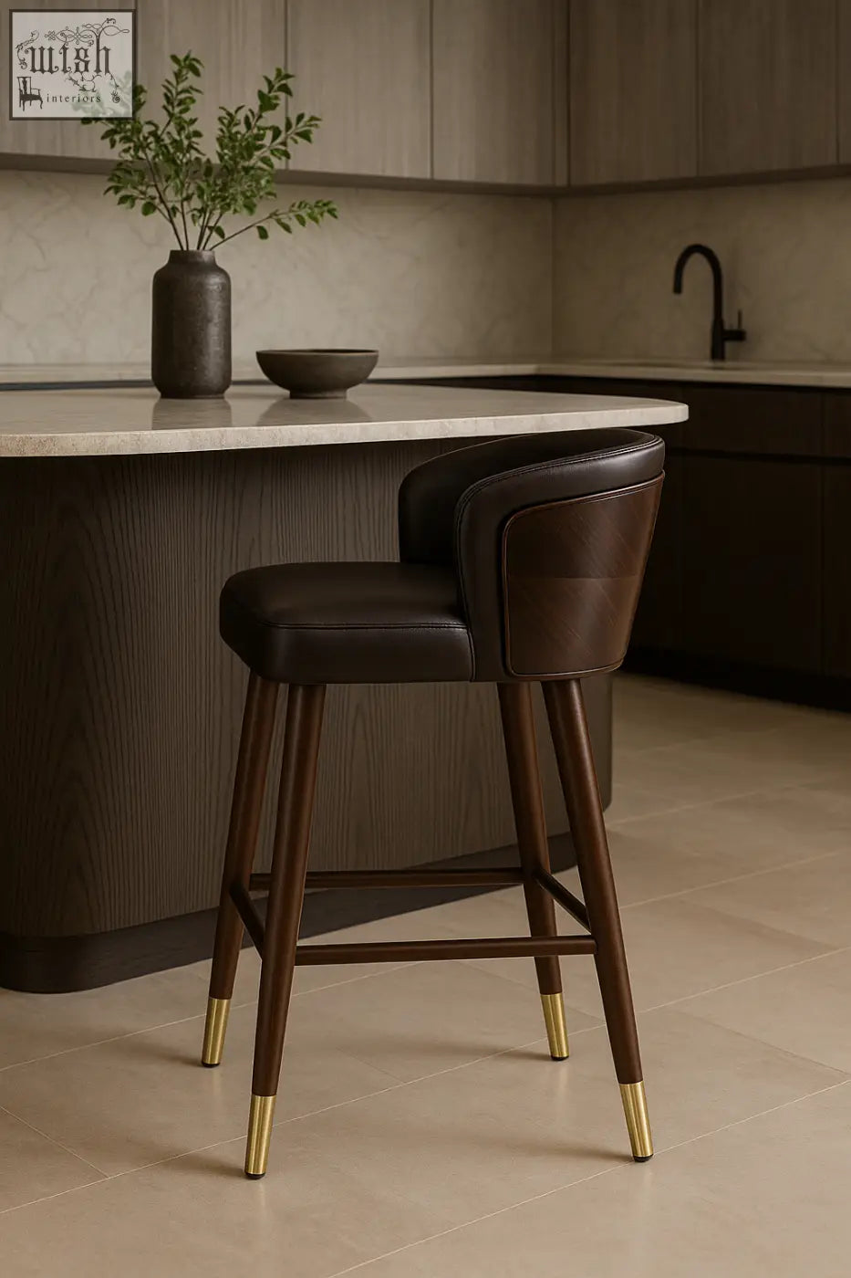 Dark brown leather okazaki bar stool with slender wooden legs and gold-tipped feet for stylish bar seating