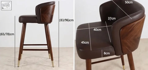 Brown leather and wood okazaki bar stool with curved backrest upholstered seat and brass tapered legs