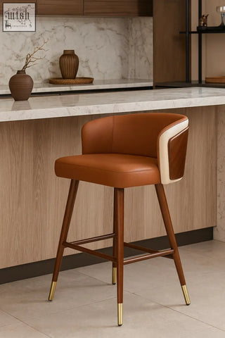 Brown leather okazaki bar stool with cream side panels and gold metal legs perfect for stylish bar seating