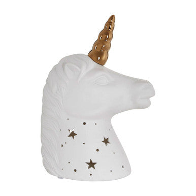 White ceramic unicorn lamp with gold horn and star pattern perfect as a gold horn ceramic night light