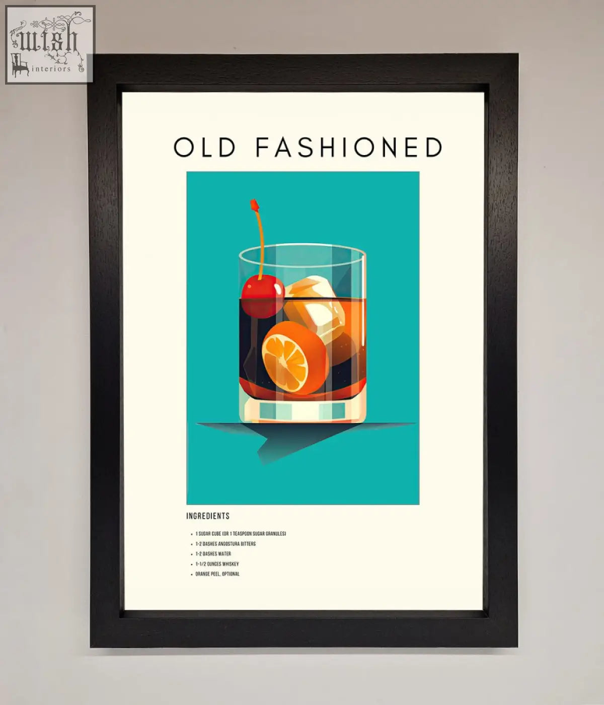 A framed print of a stylized old fashioned cocktail with ice orange slice and cherry on a teal background