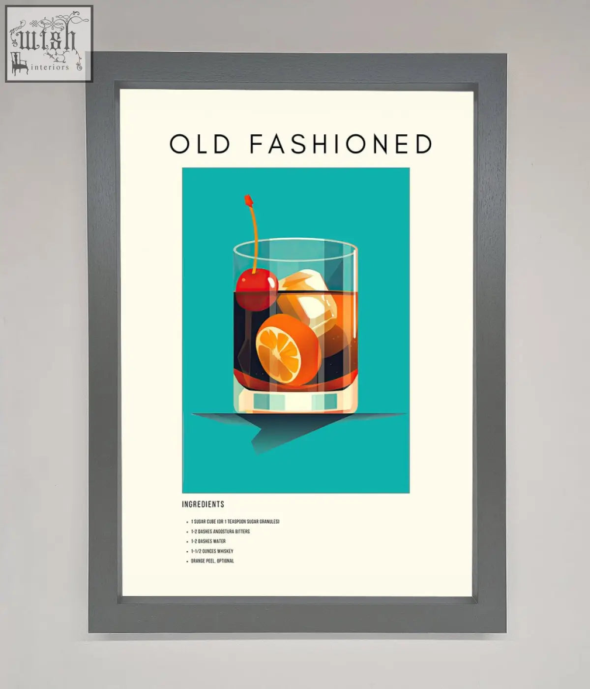 A framed print featuring a colorful old fashioned cocktail with ice orange slice and cherry in a clear glass
