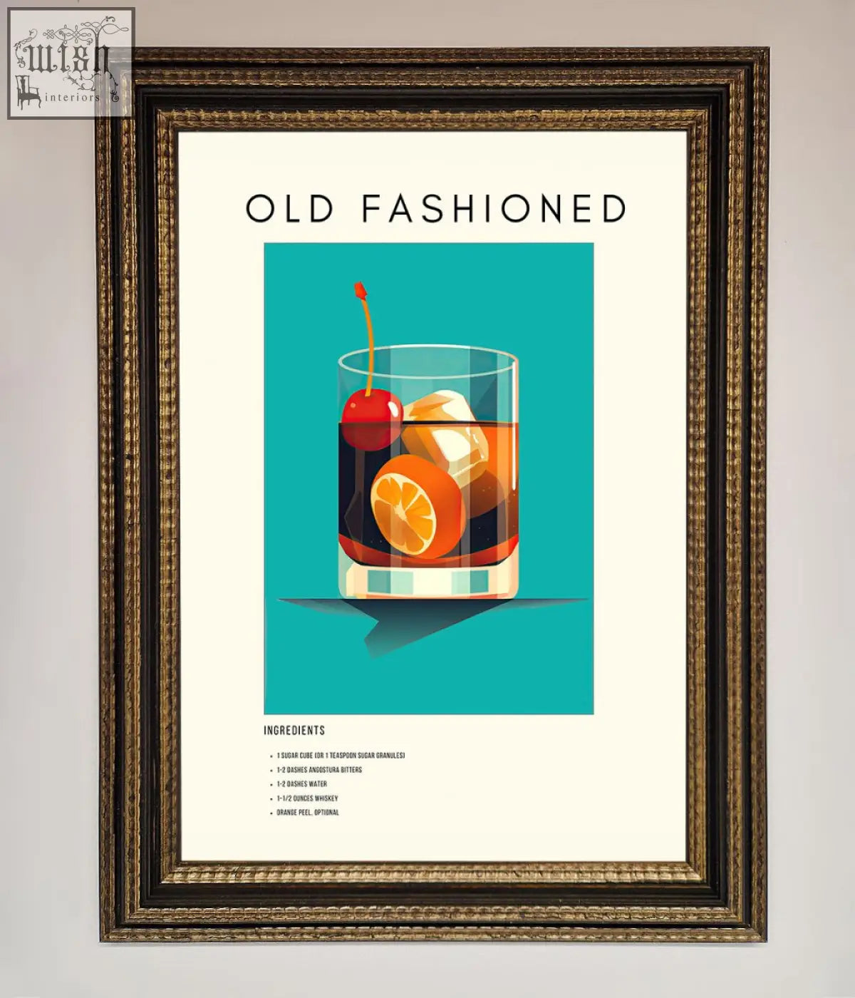 A framed print of a vibrant old fashioned cocktail illustration with cherry and orange on a teal background