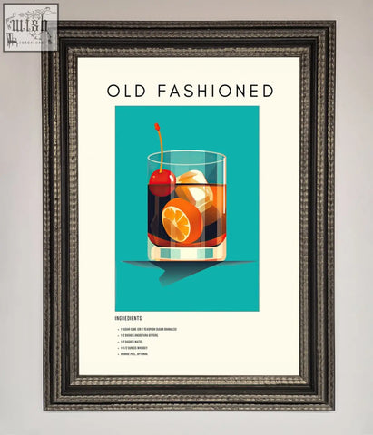 A styled old fashioned cocktail in clear glass with ice orange slice and cherry on a framed fashioned framed print