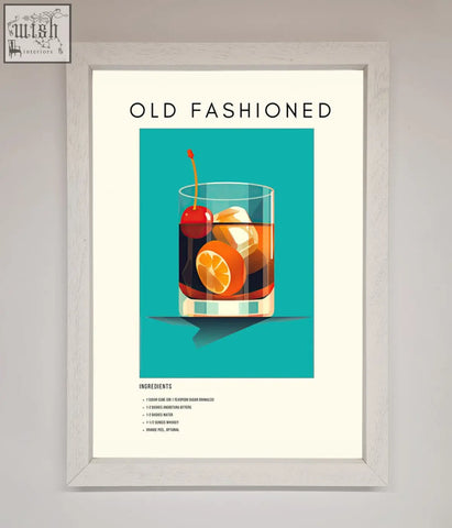 A styled old fashioned framed print showing a cocktail in a clear glass with ice orange slice and cherry