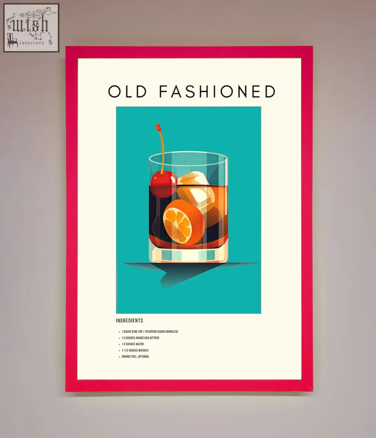 A vibrant red-framed print featuring a stylized old fashioned cocktail garnished with cherry and orange slice