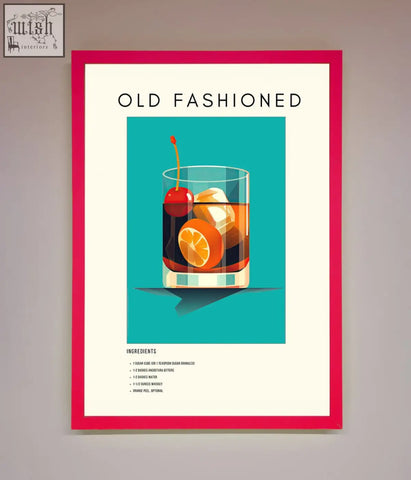A vibrant red-framed print featuring a stylized old fashioned cocktail garnished with cherry and orange slice