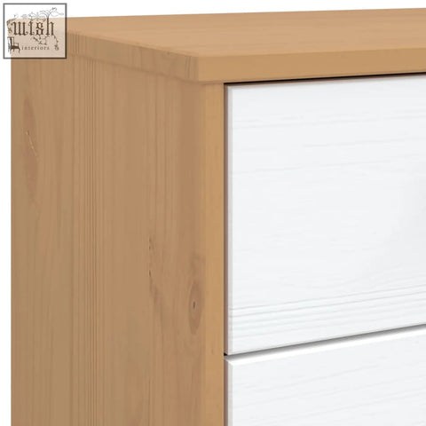 Olden pinewood 76.5cm nightstand with light oak finish and two white drawers featuring subtle horizontal grooves and rustic knots