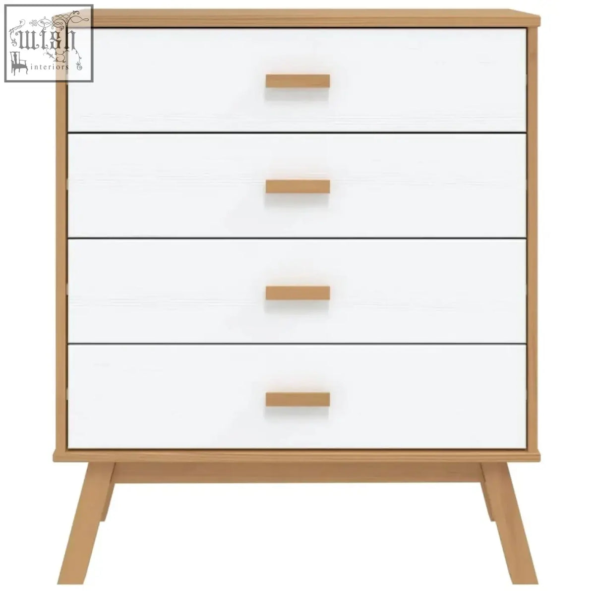 Modern white and light wood olden pinewood four-drawer dresser with four spacious drawers and minimalist handles