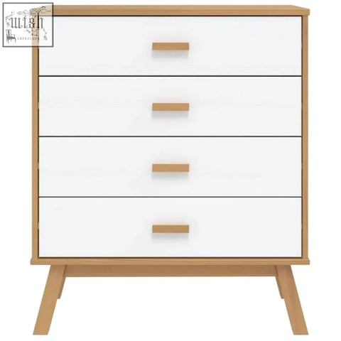 Modern white and light wood olden pinewood four-drawer dresser with four spacious drawers and minimalist handles