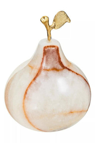 A polished white and brown marble onyx decorative pear with golden stem and leaf from oleena onyx collection