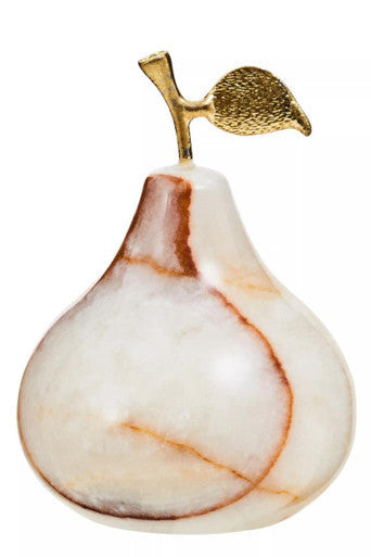 A polished white marble oleena onyx decorative pear with brown veining and a golden leaf stem for elegant decor
