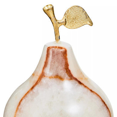 Oleena onyx decorative pear fruit holder made of pear-shaped marble with gold-toned stem and leaf accent