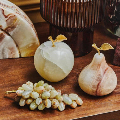 Smooth pale green and white onyx decorative pear with golden leaf stem from oleena onyx decorative collection