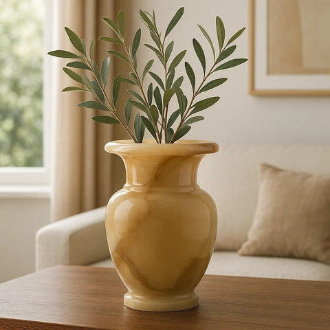 A smooth amber onyx vase with classic urn shape and subtle veining called oleena onyx vase
