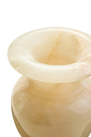 A smooth creamy beige oleena onyx vase with a wide flared rim and subtle natural veining onyx vase