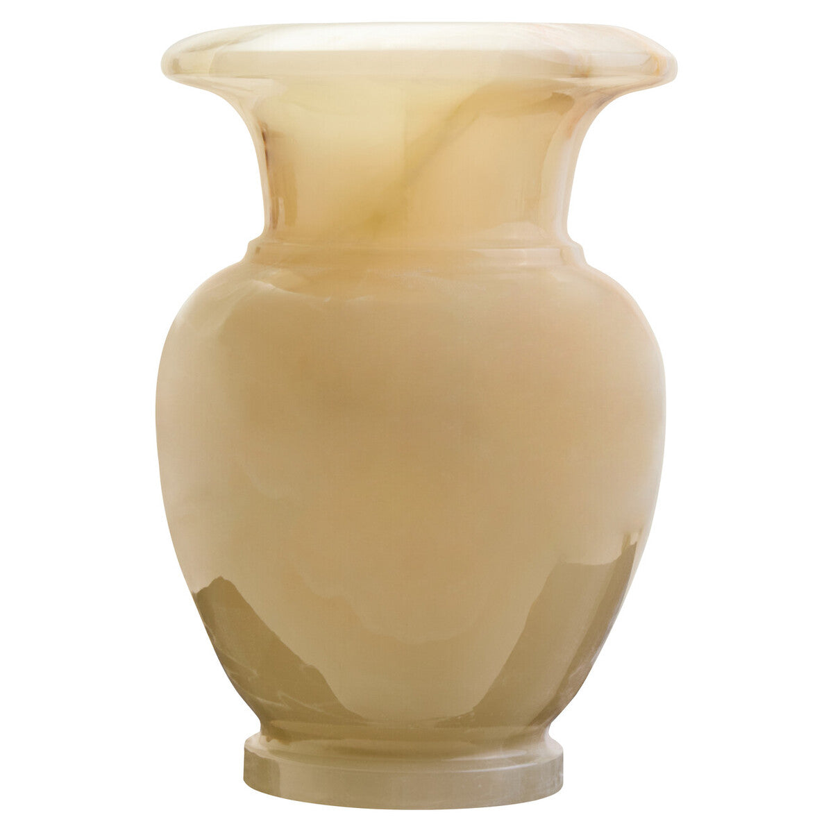 A smooth translucent beige marble oleena onyx vase with a flared rim and rounded body perfect for décor