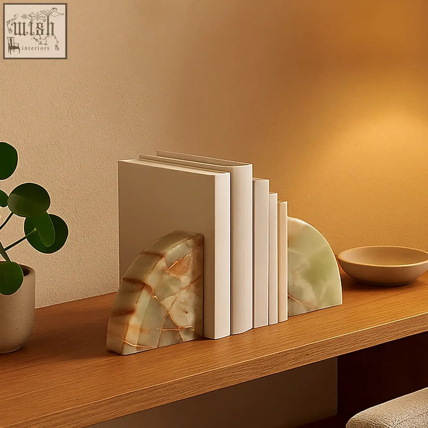 Oleena set of two onyx bookends with creamy green and gold veined polished onyx for stylish bookshelf support