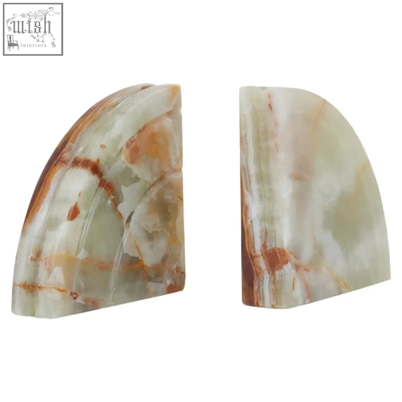 A pair of elegant oleena set two onyx bookends in soft green and warm amber with a natural marbled pattern
