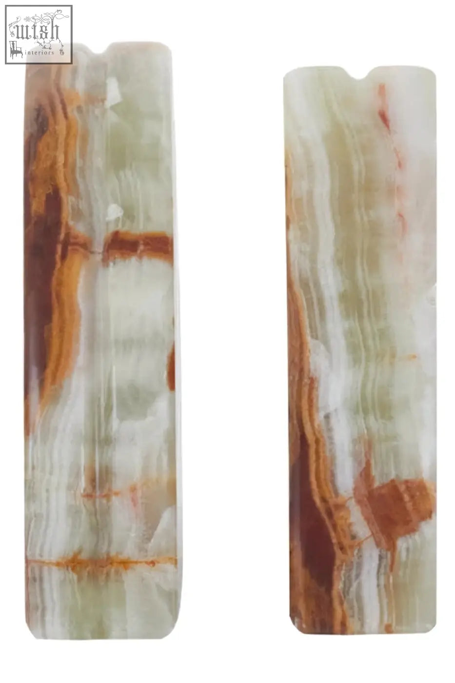 Two onyx bookends from the oleena set featuring green white and warm brown swirling patterns on rectangular slices