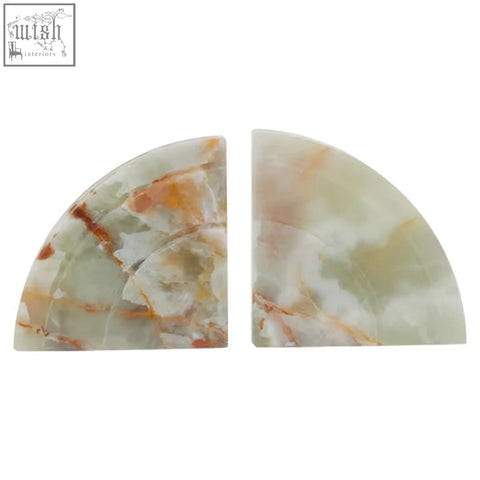 Semi-circular oleena set of two onyx bookends made from polished green and orange veined marble for stylish use