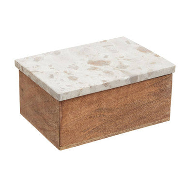 Olena large trinket box wooden rectangular design with speckled white and beige marble top for stylish storage