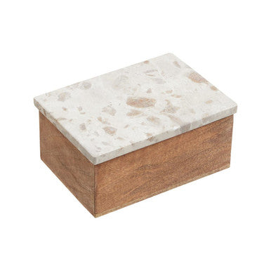 Rectangular olena large trinket box with wooden base and white terrazzo top with gray and brown flecks
