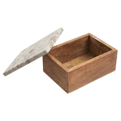 Olena large trinket box with rectangular wooden design and hinged lid featuring mosaic light and dark stones pattern