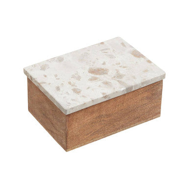 Olena large trinket box featuring a rectangular wooden design with a white and beige terrazzo top