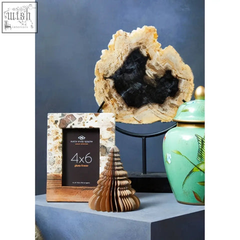 Rustic large photo frame with a speckled natural stone finish and gold accents in a 4x6 wooden design