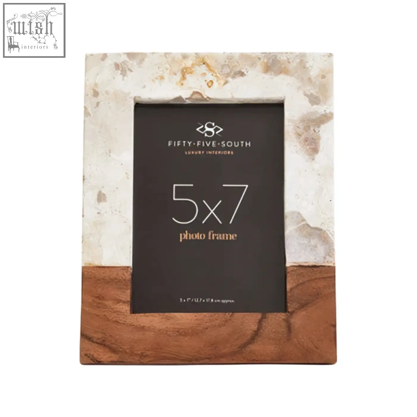 Rustic large photo frame with marble top and warm acacia wood bottom featuring fifty fifty south label