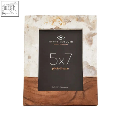 Rustic large photo frame with marble top and warm acacia wood bottom featuring fifty fifty south label