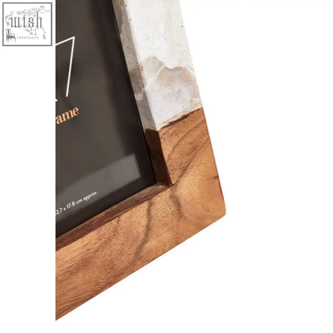 Large photo frame with wooden acacia frame and light textured olena marble corner accent for large photo display