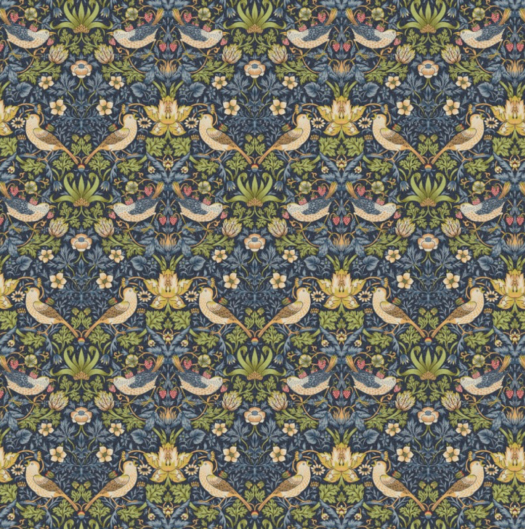 Dark blue fabric with stylized birds and foliage on double sided olive green velvet ceiling light shade