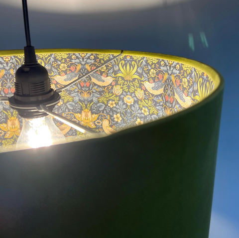 Olive green velvet double sided drum lampshade with vibrant yellow bird and floral pattern ceiling light shade