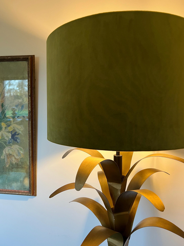 Olive green velvet lampshade on a brass palm leaf base handmade ceiling light shade with bespoke uk style