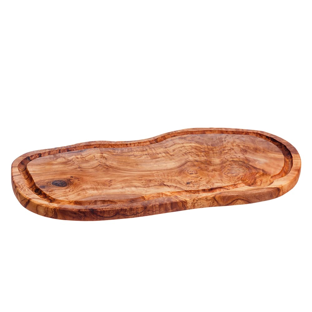 Rustic oval olive wood carving board with natural grain warm brown tones and groove for easy use