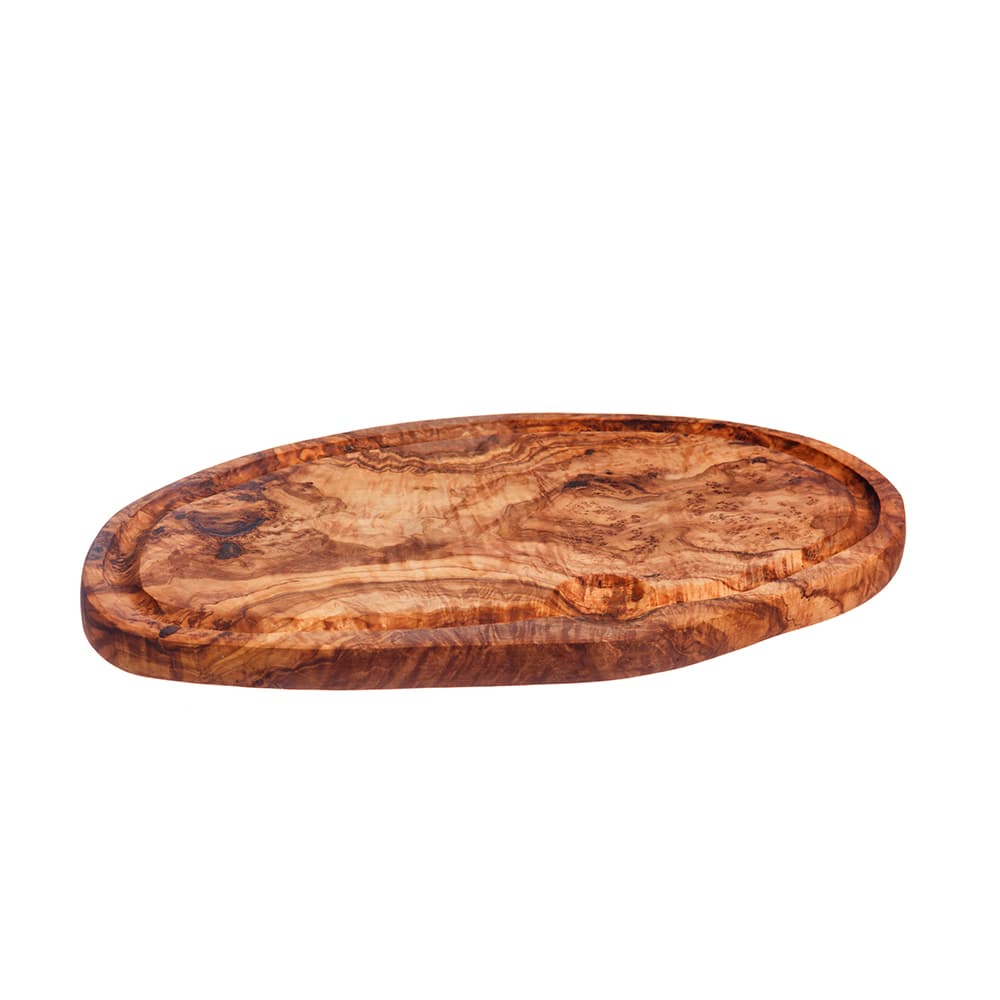 Natural olive wood carving board with warm brown hue and unique swirling grain patterns featuring a groove