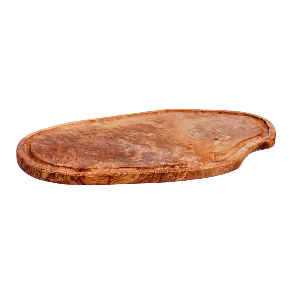 Natural wood olive wood carving board with groove in warm medium brown finish and organic irregular edges