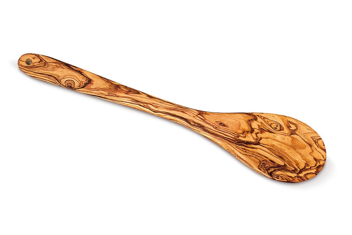 Handcrafted olive wood cooking spoon with warm golden brown finish and unique swirling grain perfect for serving and gifts